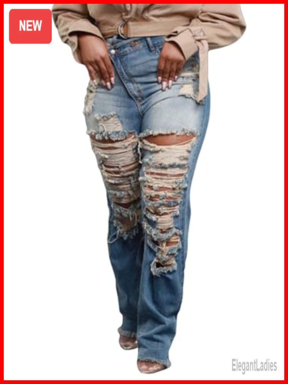 Women's High Waisted Ripped Skinny Jeans Asymmetrical Denim Pants